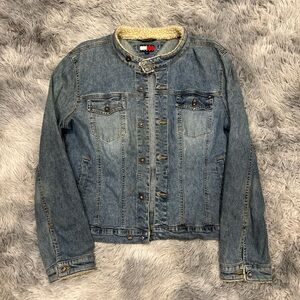VTG Tommy Jeans Blue Stretch Denim Sherpa Collar Cuffs Jean Jacket Womens Sz Xl